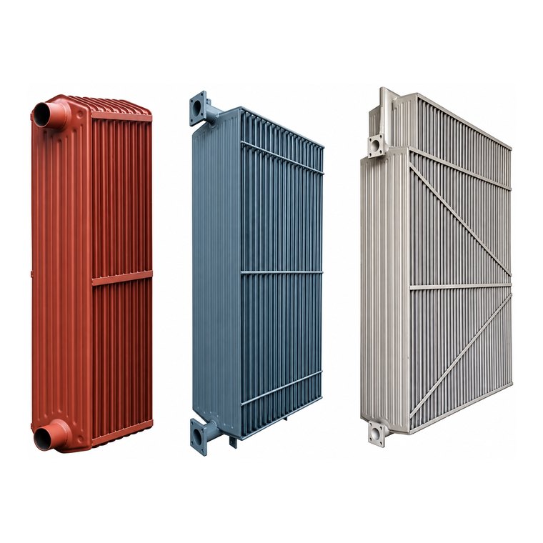 Radiator panels in three finishes — painted red, painted grey and galvanized