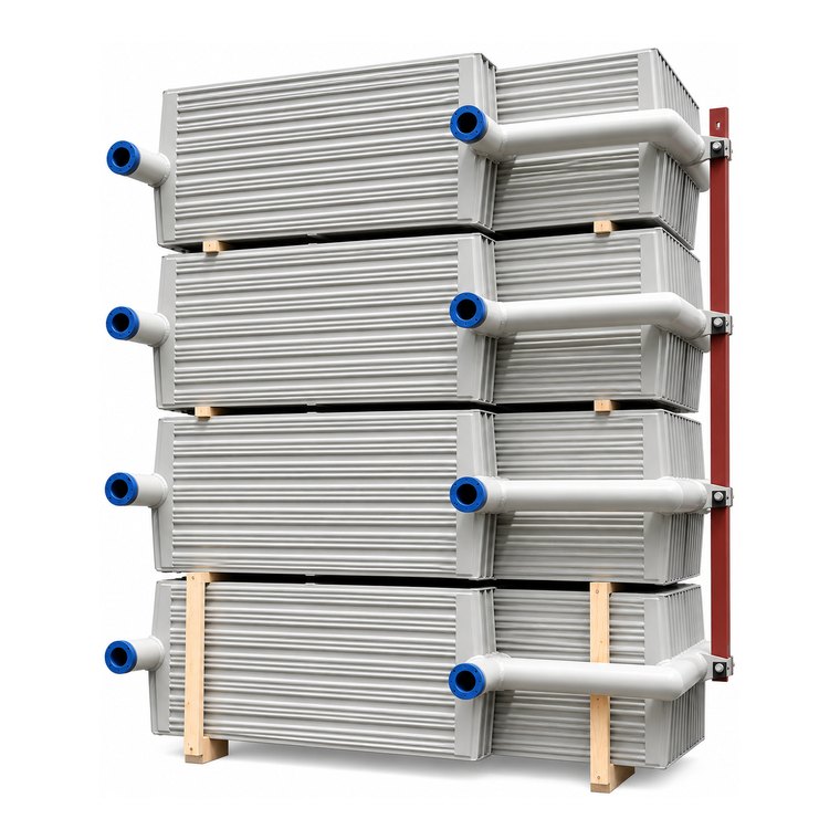 Finished radiators stacked on pallets with flange caps fitted